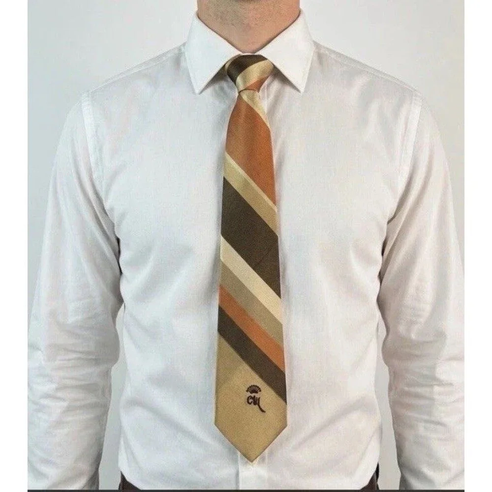Countess Mara Men’s Tan Brown Olive Burnt Orange Stripe 100% Silk Vintage Tie